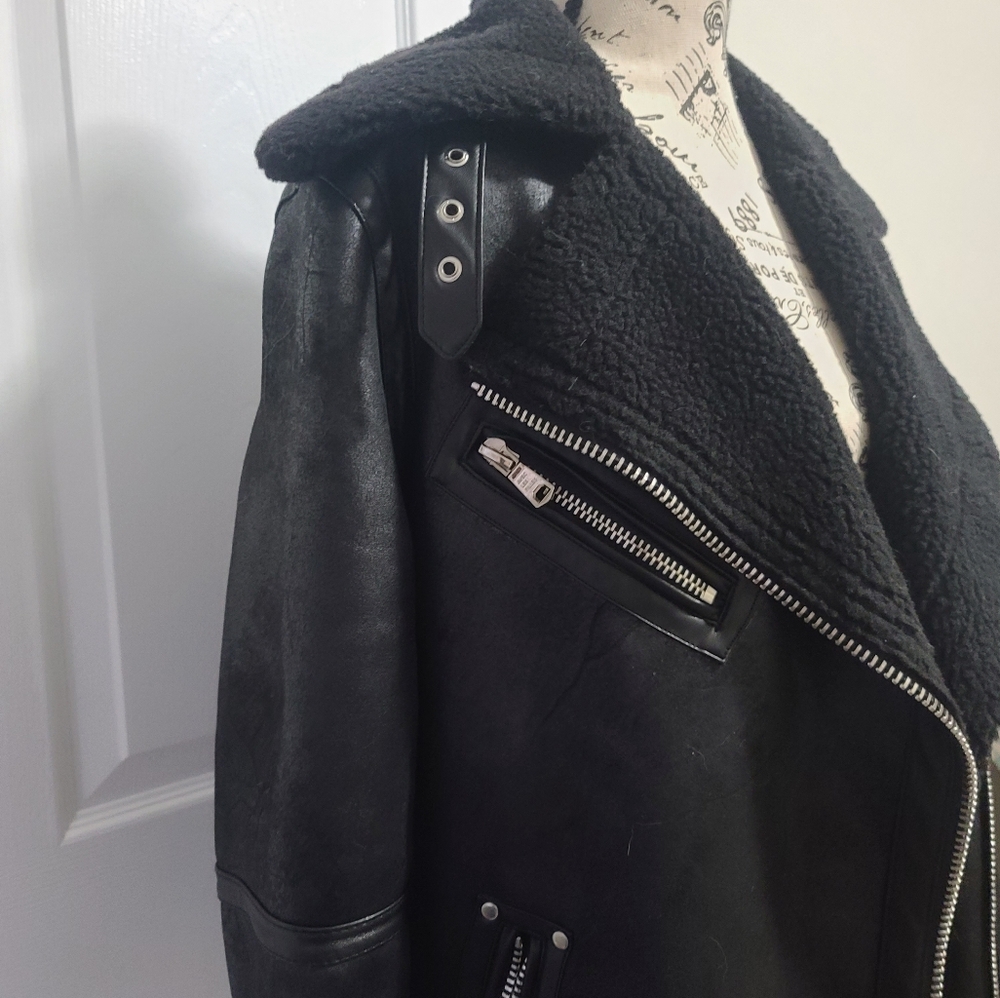 Avec Les Filles Faux Shearling Trim Faux Leather Oversized Biker Moto Jacket XS - Picture 7 of 13